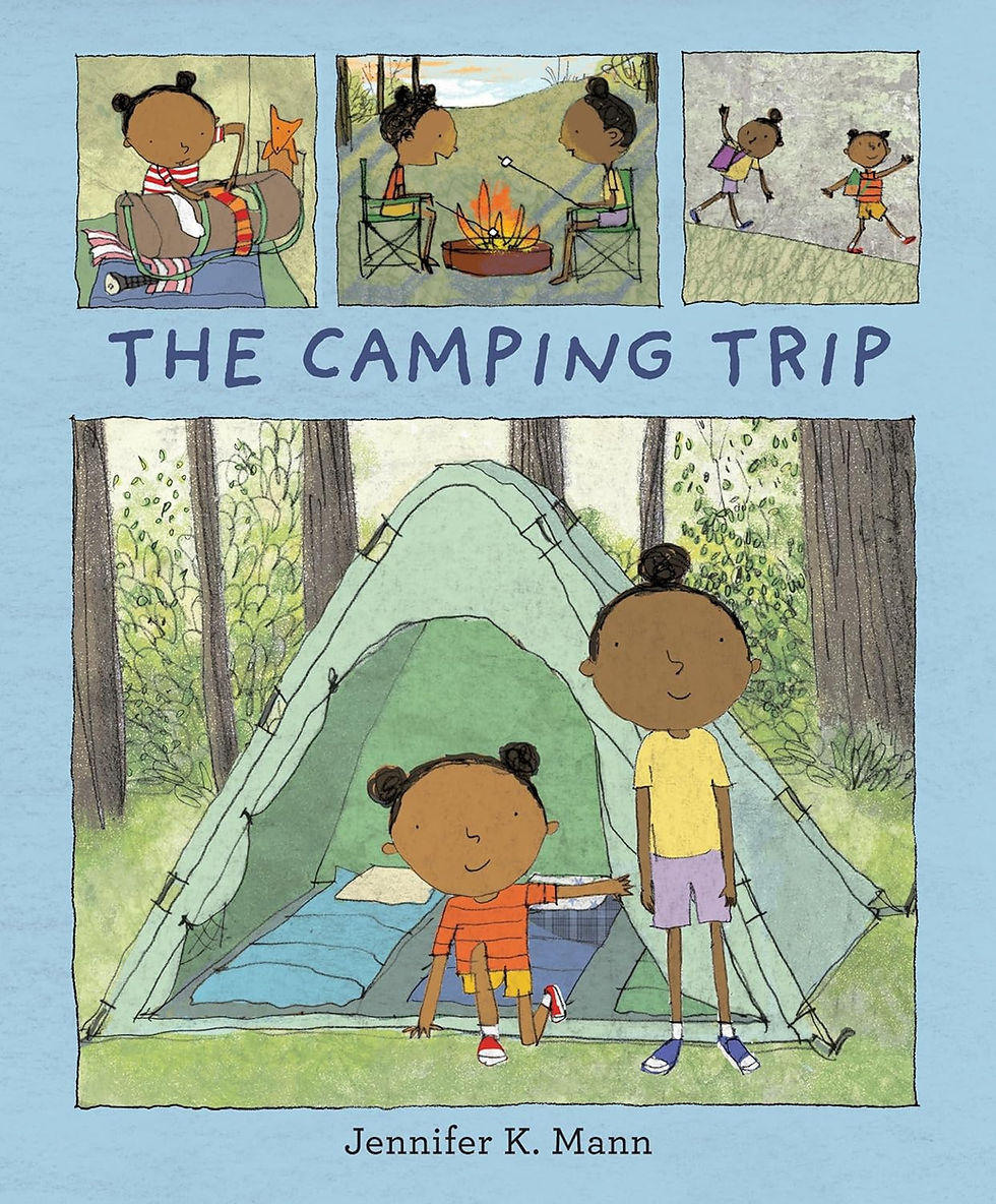 The cover of the camping trip, illustrations of scenes from camping including packing a bag, roasting marshmallows on a fire, going for a hike, and standing in front of a tent.