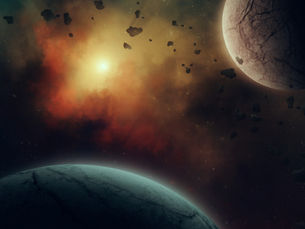 A digital rendering of a planetary scene.  A dark, starry sky is layered with multiple planets, asterioids, and nebula. 