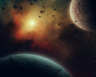 A digital rendering of a planetary scene. A dark, starry sky is layered with multiple planets, asterioids, and nebula.