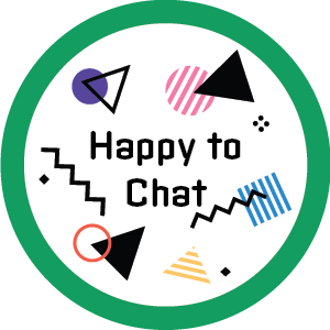 Colorful, geometric sticker design with "Happy to Chat" written in the center.