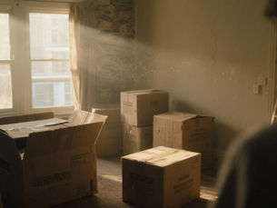 An photographic image looking over the shoulder of a out-of-focus person with their back to the camera, off to the right side of the image. They look at a pile of moving boxes in a older, dusty apartment. 