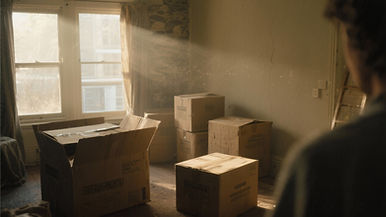 An photographic image looking over the shoulder of a out-of-focus person with their back to the camera, off to the right side of the image. They look at a pile of moving boxes in a older, dusty apartment.