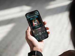 A person holds a smartphone with an audiobook displayed on the screen