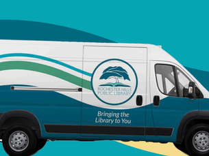A photo of the RHPL bookmobile: a transit van with the RHPL logo, teal, green, and blue curving lines, and the message "bringing the library to you" on the side