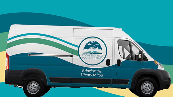 A photo of the RHPL bookmobile: a transit van with the RHPL logo, teal, green, and blue curving lines, and the message "bringing the library to you" on the side