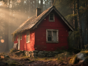 A photographic images of a small, red house in the woods. Sunlight breaks through the trees to spotlight the side of the house.