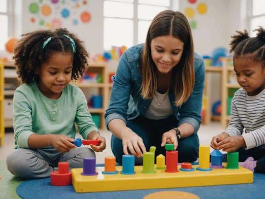 Two children sit on the floor with a teacher and stack colorful toy blocks