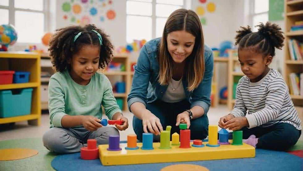 Two children sit on the floor with a teacher and stack colorful toy blocks