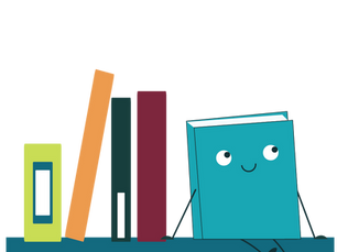 A cute, anthropomorphic book with a face, arms, and legs sits on a shelf next to books looking up