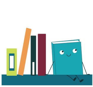 A cute, anthropomorphic book with a face, arms, and legs sits on a shelf next to books looking up