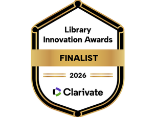 Award badge that reads Library innovation awards finalist, 2026, and includes the Clarivate logo