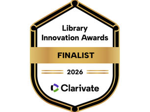 Award badge that reads Library innovation awards finalist, 2026, and includes the Clarivate logo