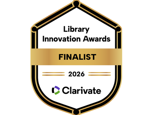 Award badge that reads Library innovation awards finalist, 2026, and includes the Clarivate logo