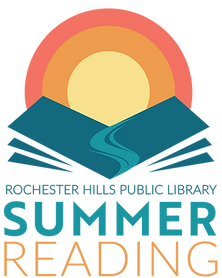 RHPL summer reading logo, a red orange and yellow-ringed sun sets into an open book, with a river running down the inside of the book. The words "Rochester Hills Public Library Summer Reading" are at the bottom of the logo.