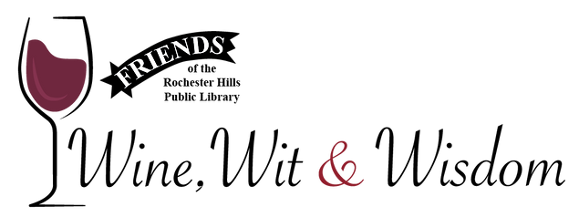 The Wine, Wit & Wisdom logo, a glass of red wine next to the Friends logo and the words Wine, Wit, & Wisdom