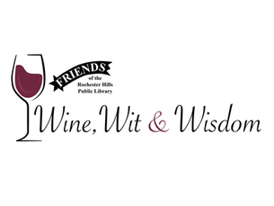 The Wine, Wit & Wisdom logo, a glass of red wine next to the Friends logo and the words Wine, Wit, & Wisdom