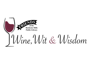 The Wine, Wit & Wisdom logo, a glass of red wine next to the Friends logo and the words Wine, Wit, & Wisdom