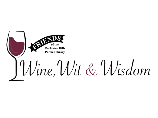 The Wine, Wit & Wisdom logo, a glass of red wine next to the Friends logo and the words Wine, Wit, & Wisdom