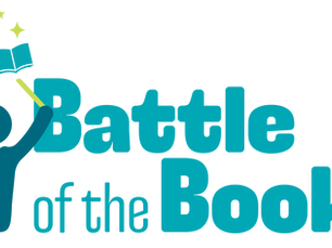 Battle of the Books Logo: The words "Battle of the Books" sits to the right of a generic human shape-person holds a magic wand and floats an open book surrounded by stars above its head.