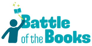 Battle of the Books Logo: The words "Battle of the Books" sits to the right of a generic human shape-person holds a magic wand and floats an open book surrounded by stars above its head.