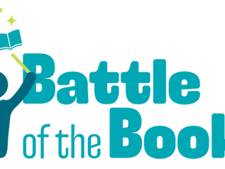 Battle of the Books Logo: The words "Battle of the Books" sits to the right of a generic human shape-person holds a magic wand and floats an open book surrounded by stars above its head.