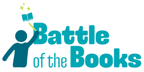 Battle of the Books Logo: The words "Battle of the Books" sits to the right of a generic human shape-person holds a magic wand and floats an open book surrounded by stars above its head. 