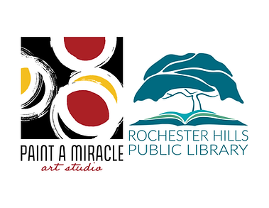 Paint a Miracle and RHPL logos. The Paint a Miracle has overlapping white, painted circles, with red and yellow centers on a black background. The words "Paint a Miracle Art Studio" sit underneath the image. The RHPL logo has a graphic camperdown elm tree, sitting on top of an open book, with the words "Rochester Hills Public Library" underneath.