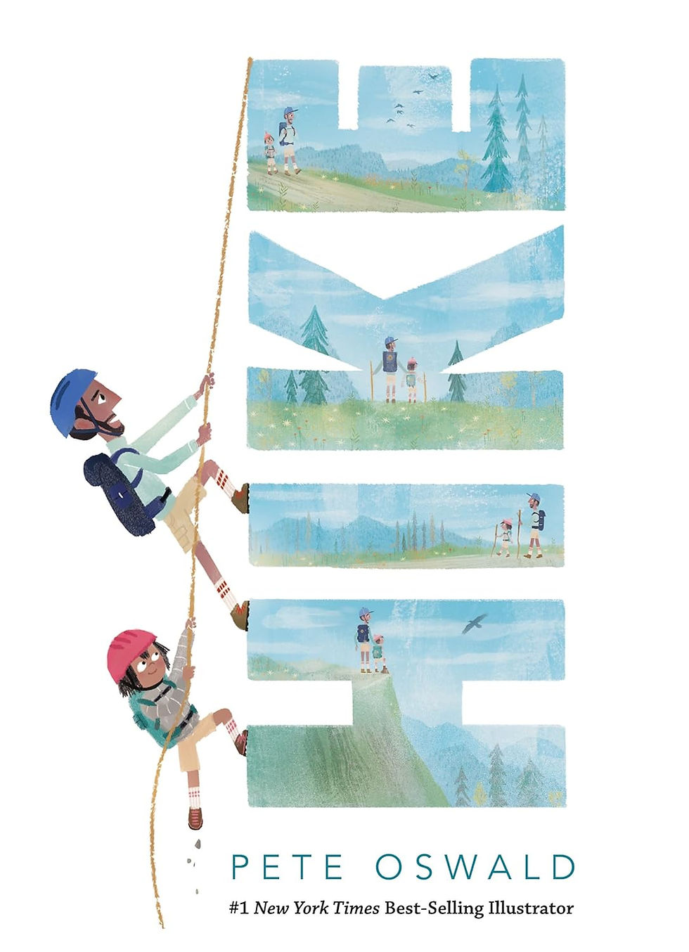 The cover of Hike, an illustration of two people climbing up the word HIKE, which takes up most of the cover, with drawings of hikers in each word