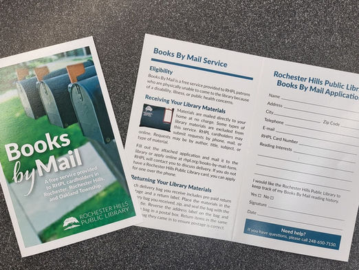 Books by mail application - a bi-fold brochure with an image of mailboxes on the cover 