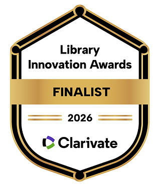 Award badge that reads Library innovation awards finalist, 2026, and includes the Clarivate logo