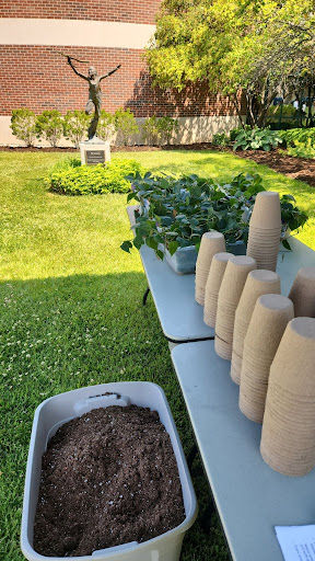 A table is set up in front of the library with heart leaf philodendron cuttings and biodegradable pots. A box of soil is on the grass in front of the table.