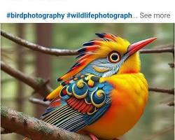 An AI-generated image of a fake bird. It is brightly colored with blue and yellow round, swirling feathers and a bright orange chest, and an orange, red, and black crest on its head.