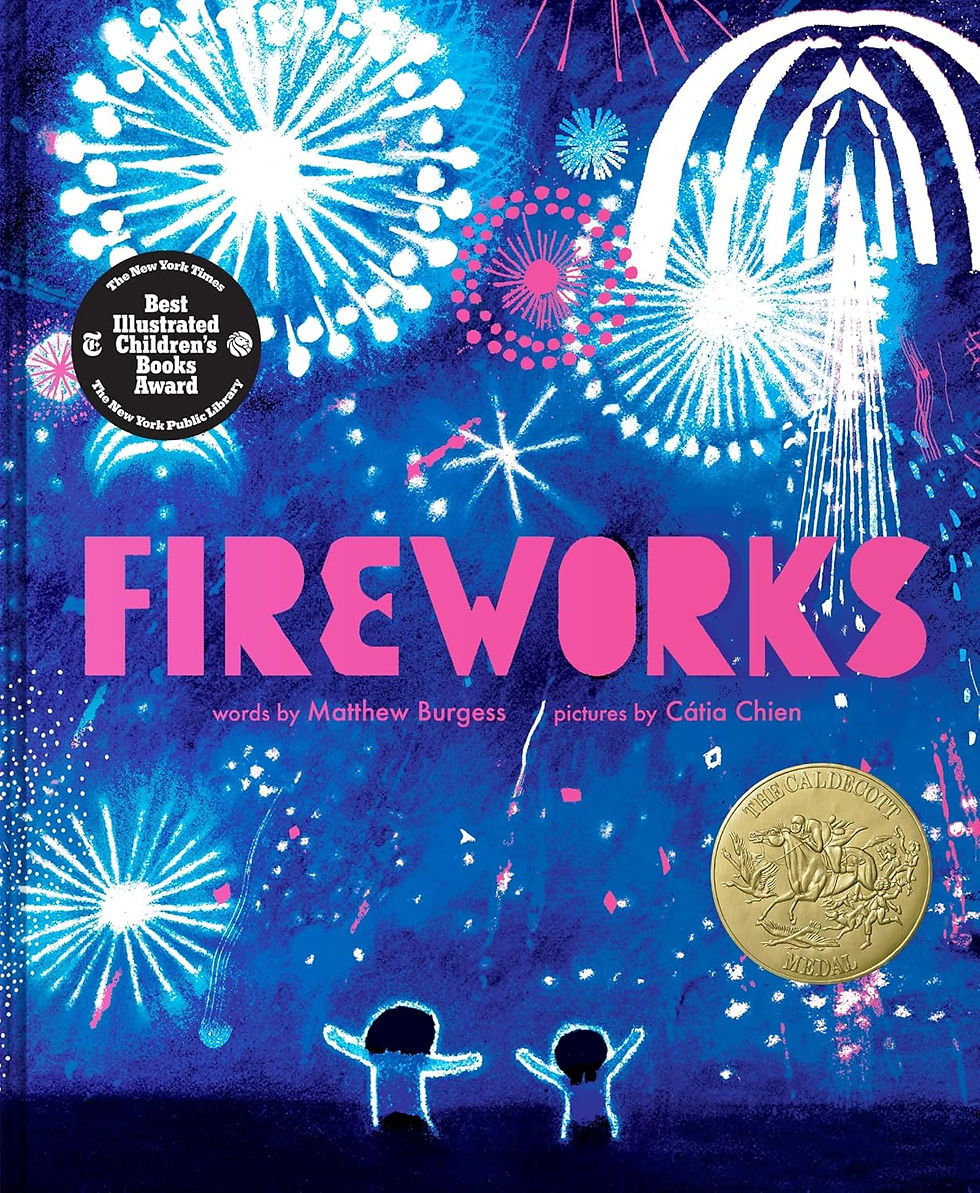 The cover of Fireworks, an illustration of the backs of two small children in the foreground who look up at a fireworks display that takes up the entire cover.