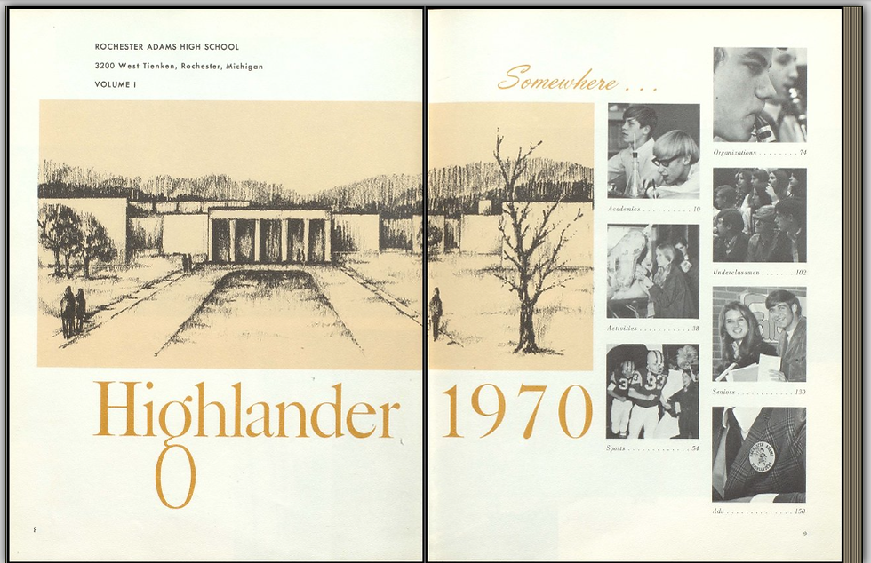 A scanned photospread from the Rochester Adams High School 1970 yearbook, which includes images of students doing various activities and a illustration of the school.