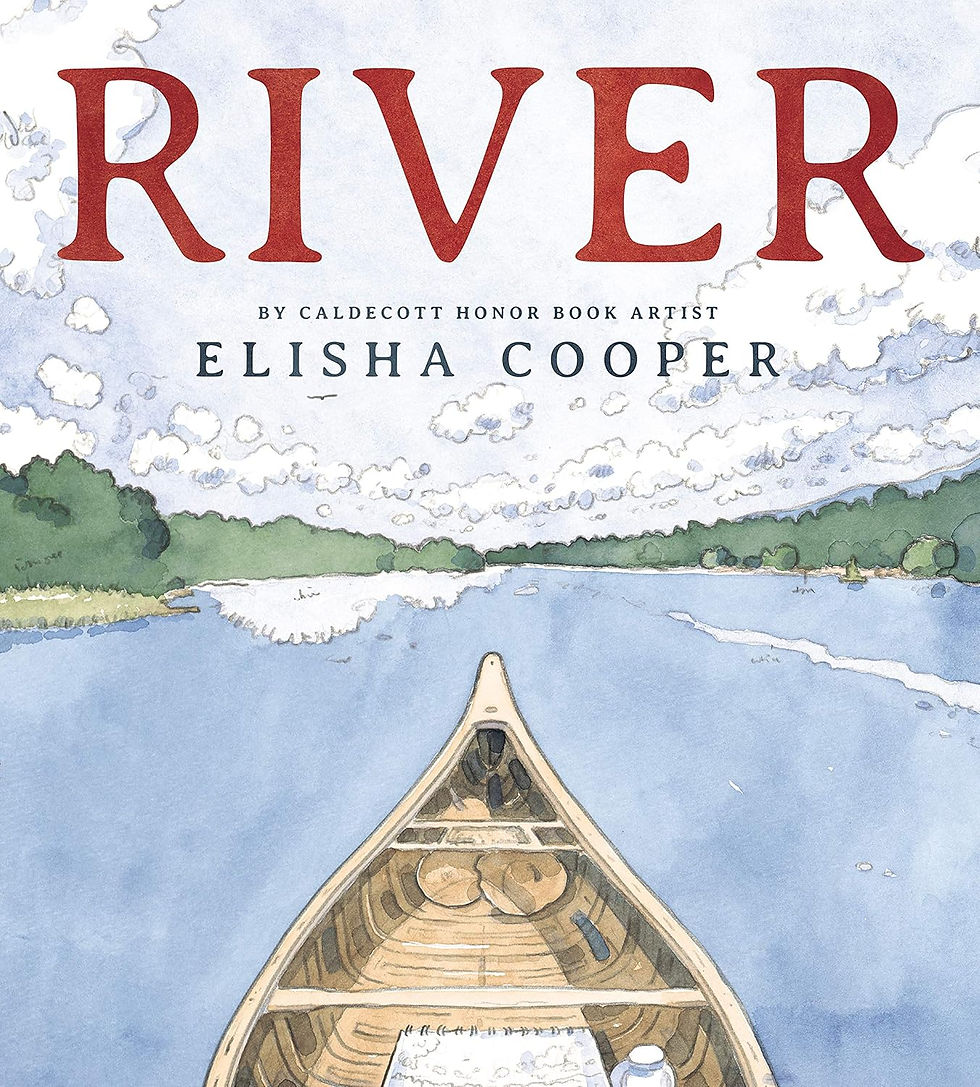 The cover of River. An illustration of a canoe in a river, seen from the perspective of a person sitting in the canoe.