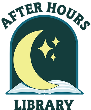 Promotion for After Hours Library: An image of a moon and stars over an open book with a colorful, geometric background. 