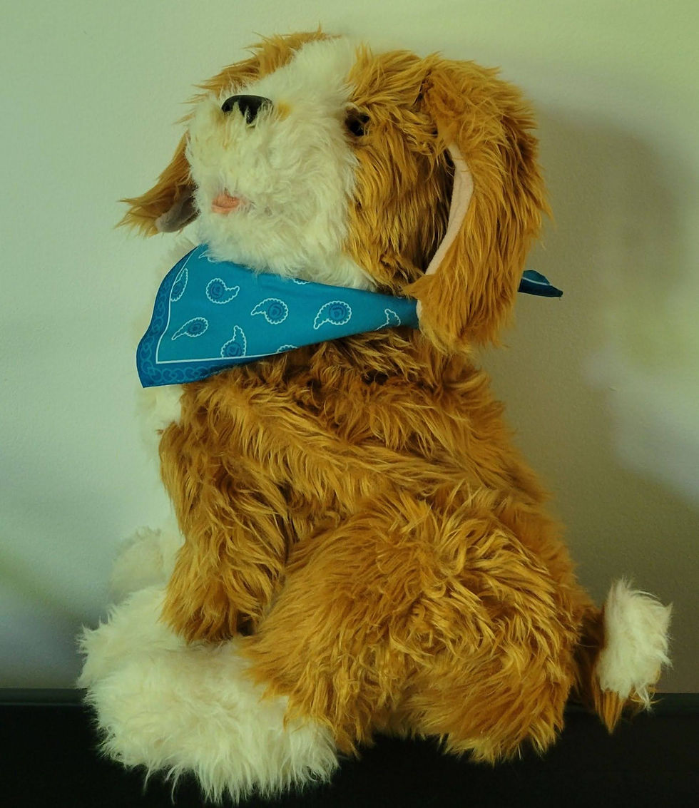 A seated, friendly-looking anamatronic ginger dog, with a white face, paws, and tail tip, and a blue bandana.