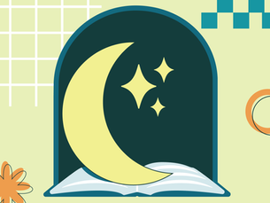 Promotion for After Hours Library: An image of a moon and stars over an open book with a colorful, geometric background. 
