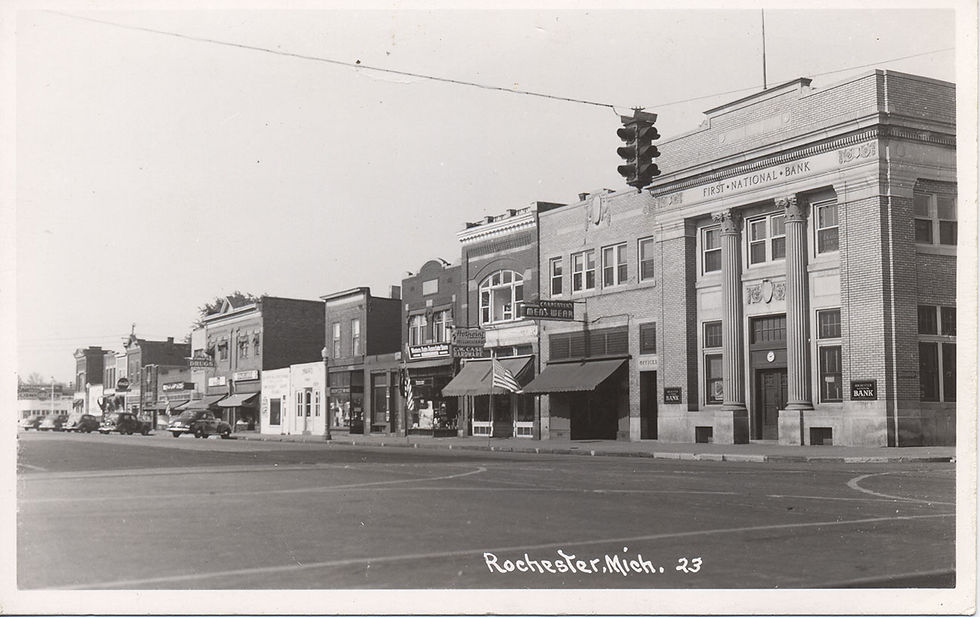 A historical photo showing the First National Bank, the home of the Avon Township Free Pulic Library