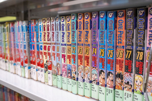 A shelf full of the manga series "one piece," and example of materials that can be found for teens