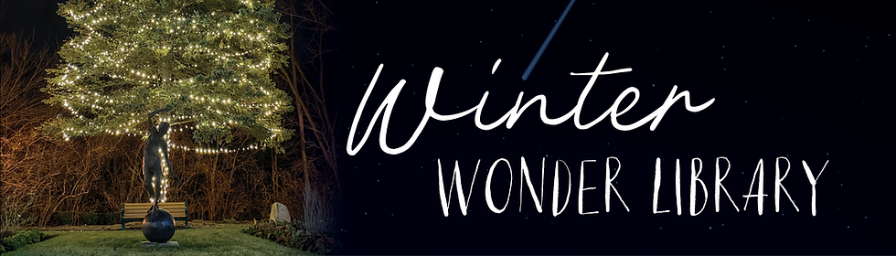 Winter Wonder Library header, features the large pine tree in the back library gardens draped in lights with the "keep the ball rolling" statue in the foreground. The statue features a child keeping balance atop a rolling ball.