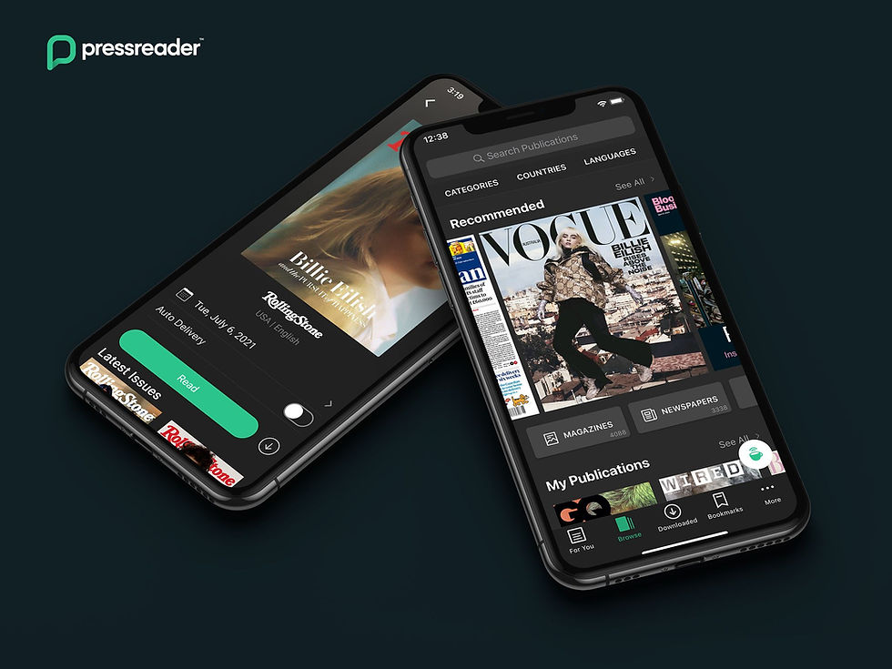 The PressReader app is open on two phones. One phone shows a cover of Rolling Stone magazine with a button that says "read" The other phone shows "Recommended" with a Vogue magazine cover followed by buttons to magazines, newspapers, and "my publications"