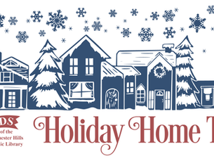 The Holiday Home Tour logo. A collection of homes and buildings (including Van Hoosen Farm and the Pine Street Library building) in a wood-block print style. Stylized snowflakes fall above the homes.