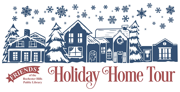 The Holiday Home Tour logo. A collection of homes and buildings (including Van Hoosen Farm and the Pine Street Library building) in a wood-block print style. Stylized snowflakes fall above the homes.