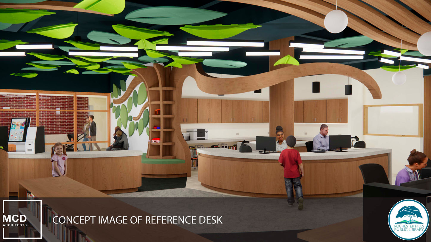 Concept image of reference desk featuring a large wooden tree with leaves on the ceiling. 