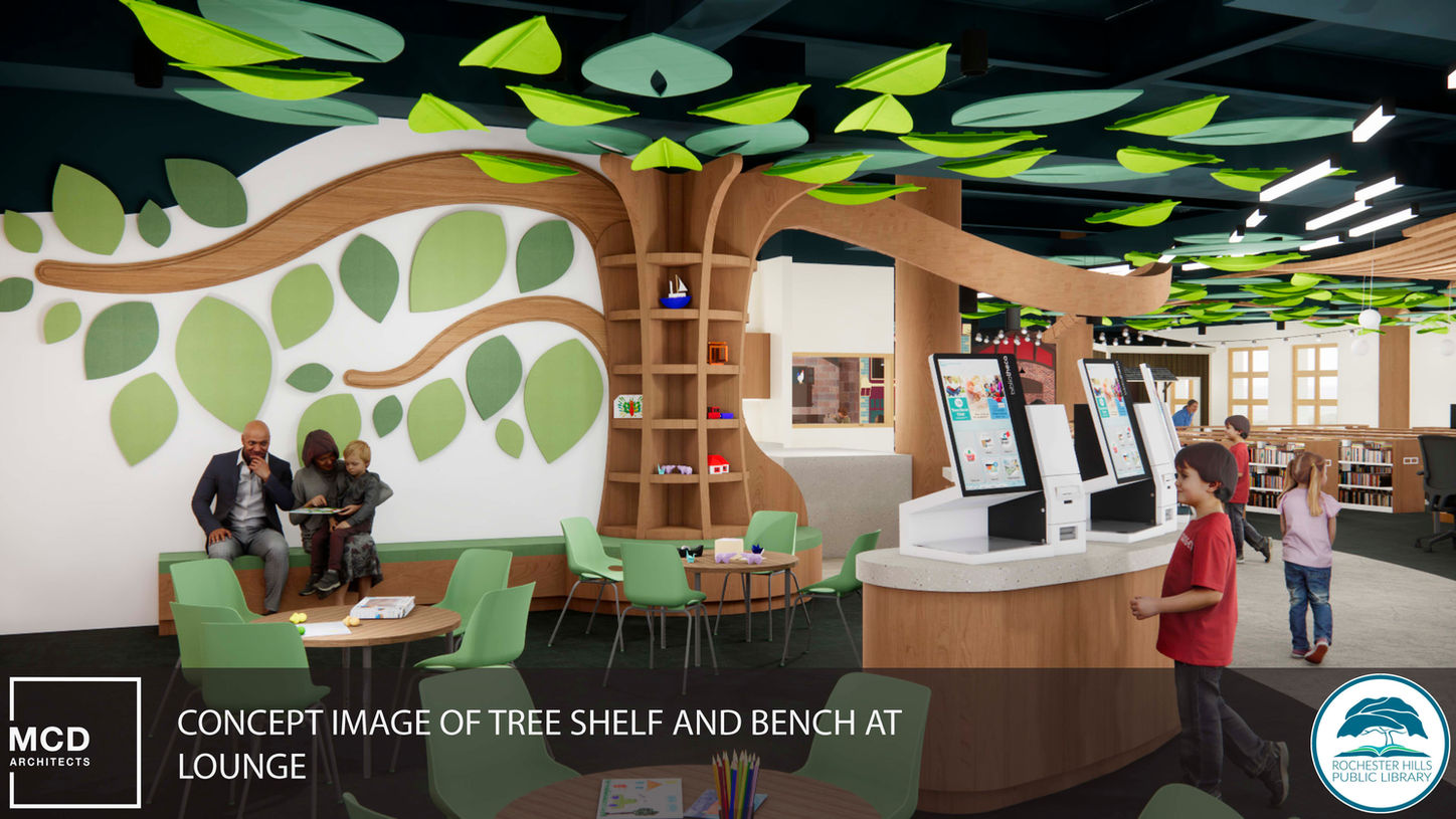 Concept image of shelf and bench in lounge featuring a large tree bookshelf, tables, and leaves on the walls and ceiling.