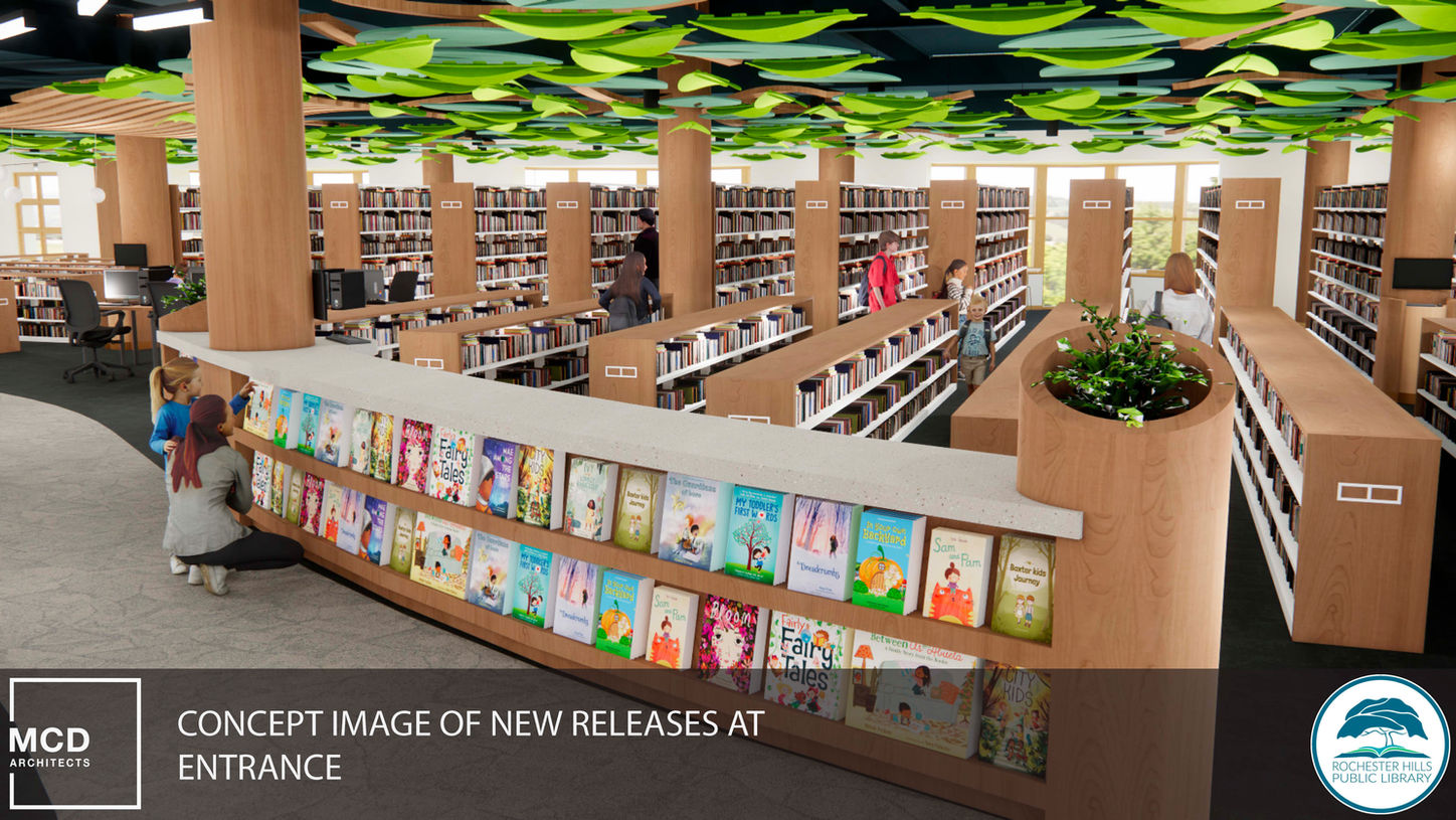 Concept image of new releases at entrance with low shelves.
